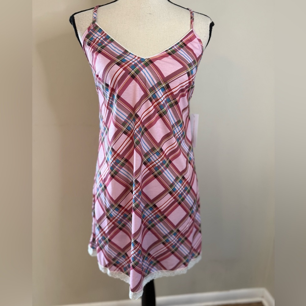 Breakfast for Dinner pink plaid lace chemise spaghetti strap SZ SM